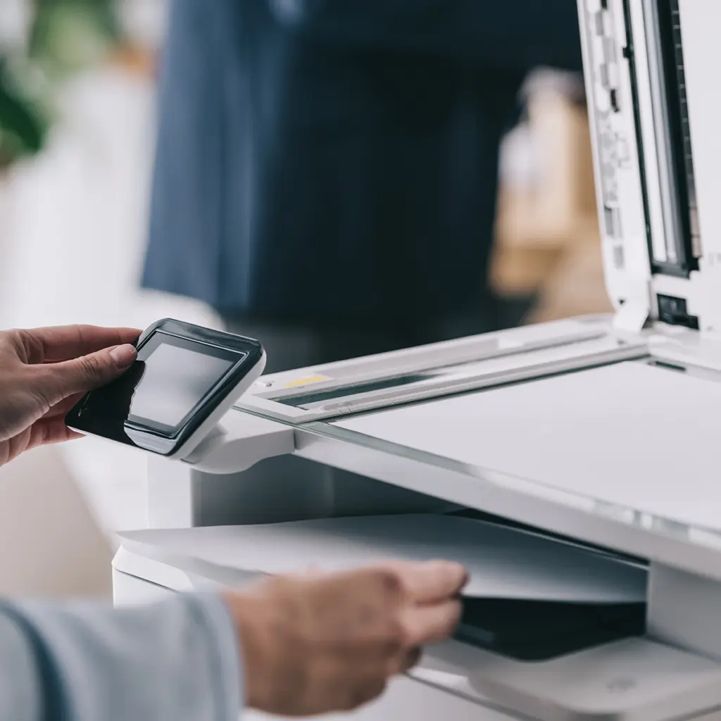 Modern nätverksansluten kontorsskrivare som symboliserar driftsäkra, kostnadseffektiva företagslösningar med professionell installation, support och utskriftssystem från IT‑konsulter.