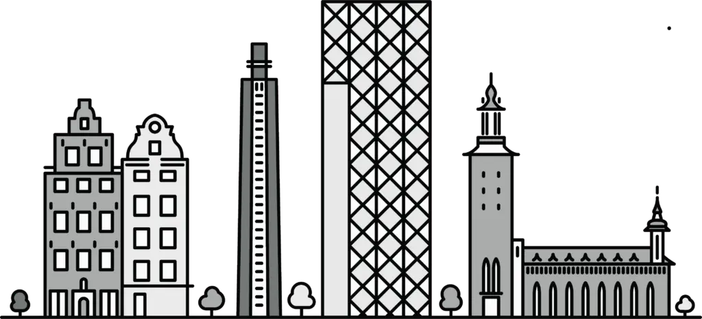 Grafisk illustration av Stockholm som representerar IT‑tjänster och lokal närvaro