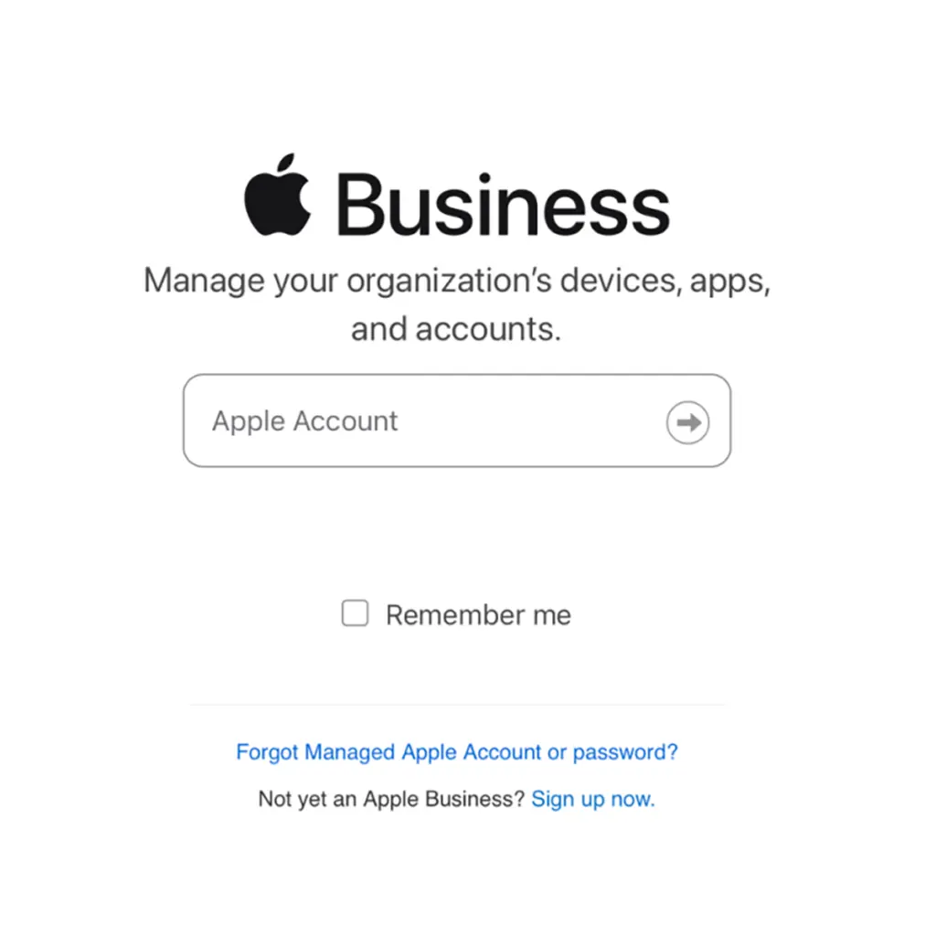 Skärmbild av inloggningssida för Apple Business med fält för Apple Account.