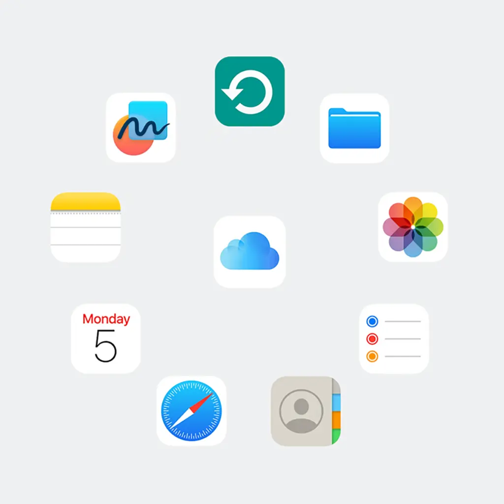 Samling av Apple-appar och systemikoner på ljus bakgrund.