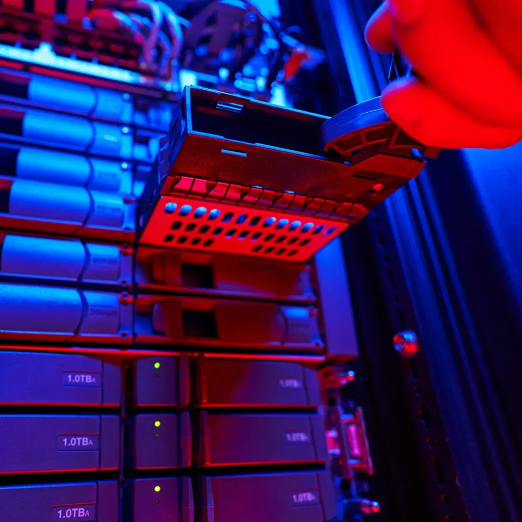 Hand drar ut en lagringsenhet ur ett serverrack med röd och blå belysning.