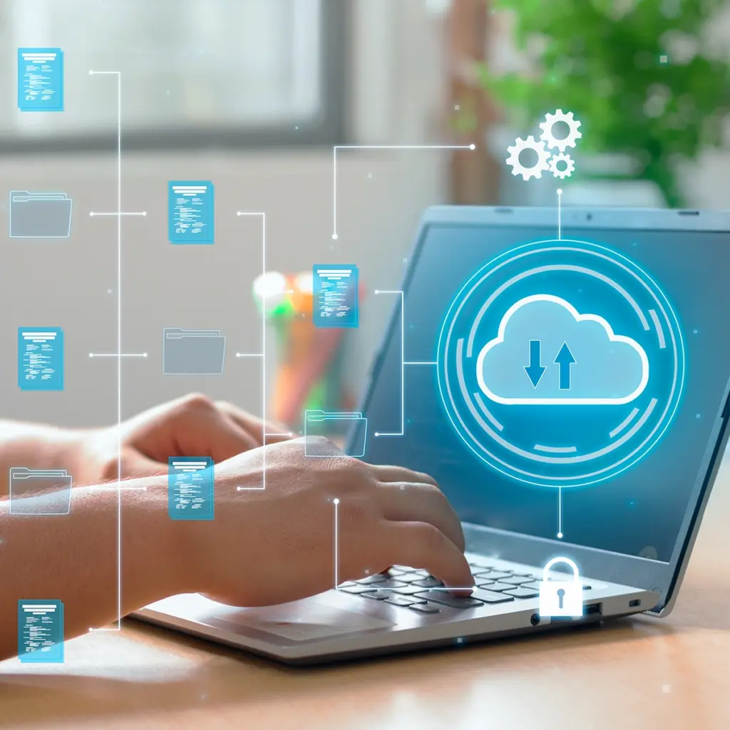 Händer använder en laptop med överlagrade ikoner för dokument, mappar, molnuppladdning, kugghjul och lås.