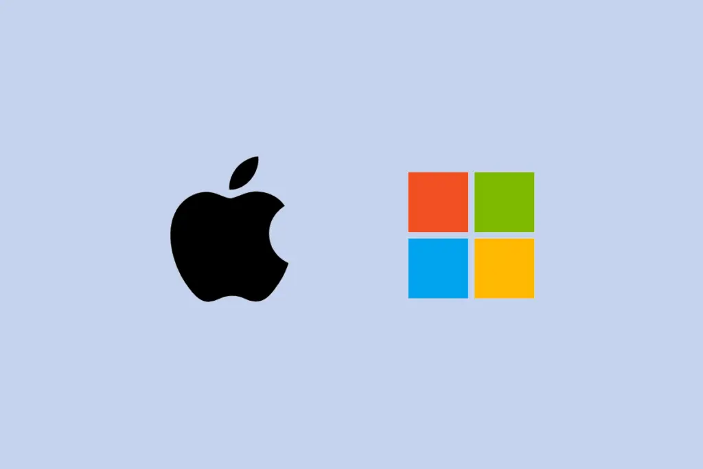 Apple‑logotyp och Microsoft‑logotyp mot ljus bakgrund.