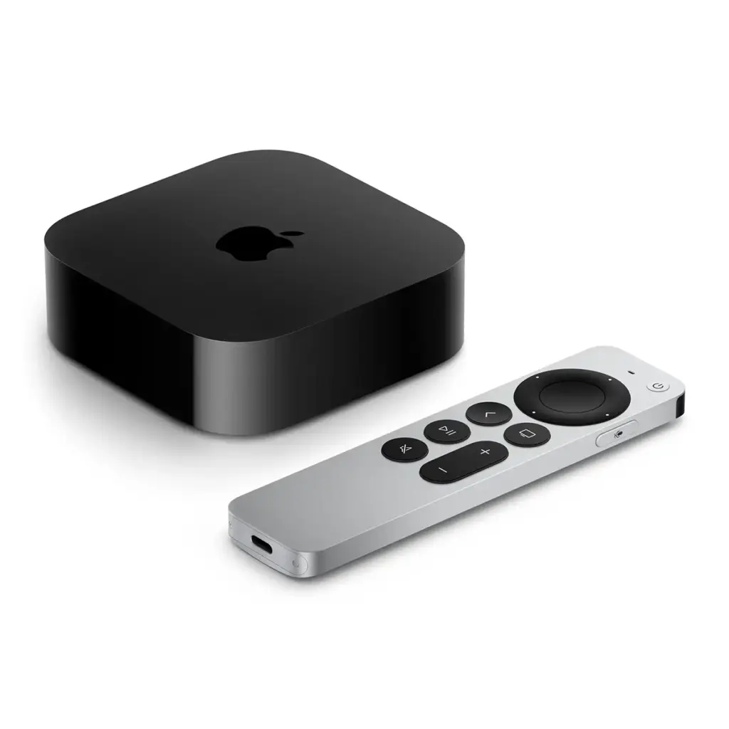 Apple TV-enhet med fjärrkontroll på vit bakgrund