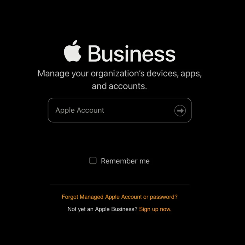 Inloggningssida för Apple Business Manager på mörk bakgrund