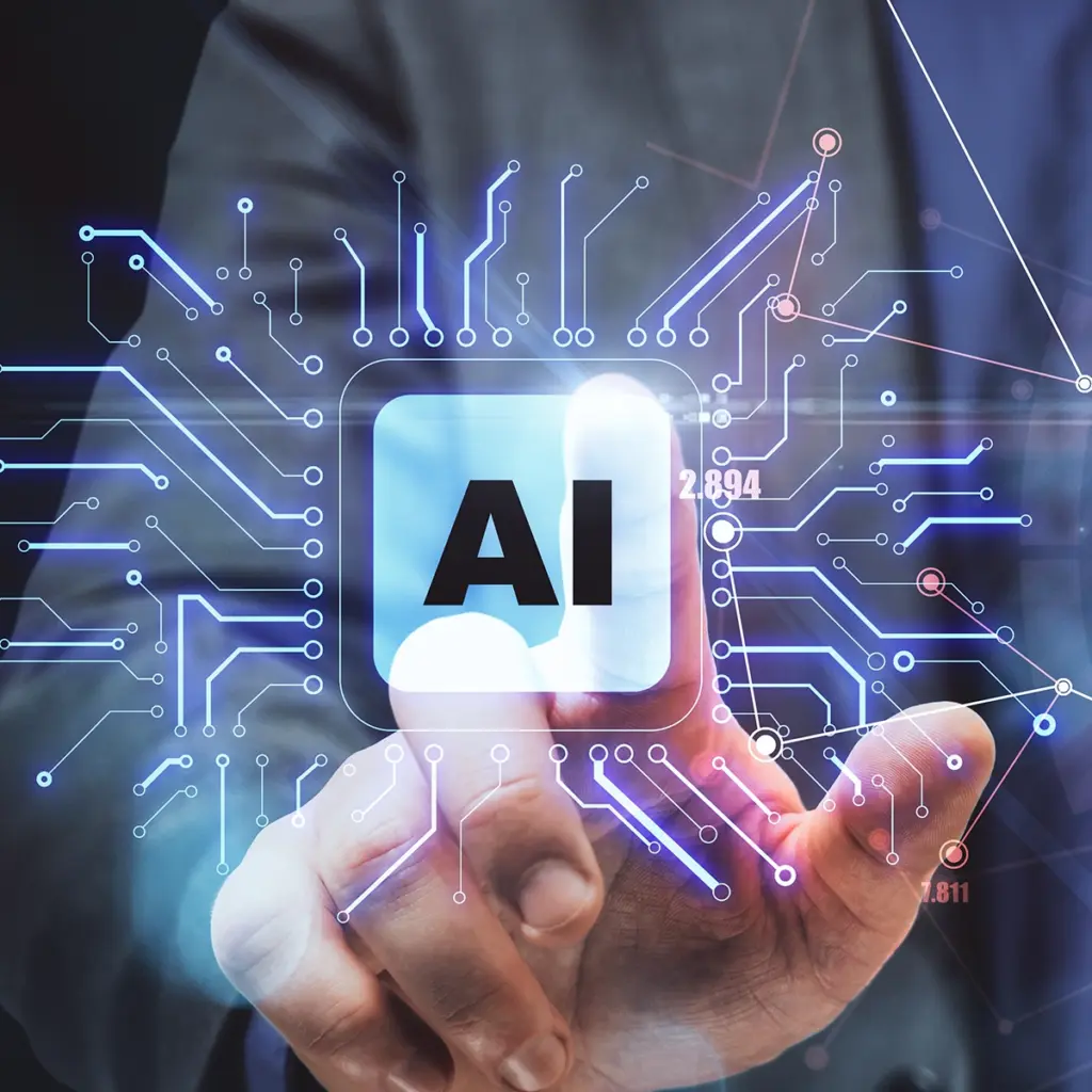 AI-chip med digitala nätverkslinjer som symboliserar cybersäkerhet och smart IT-skydd