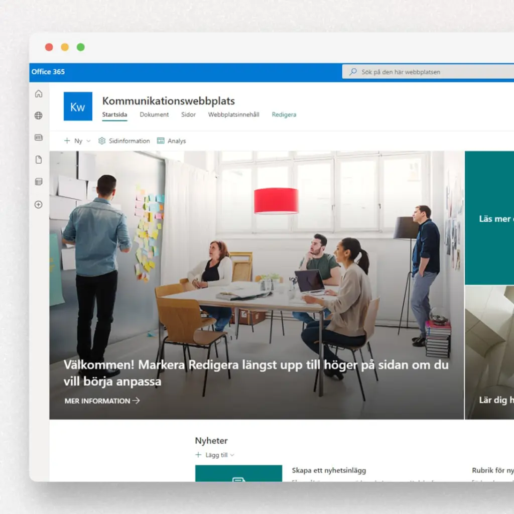 Skärmbild av en kommunikationswebbplats i Microsoft 365