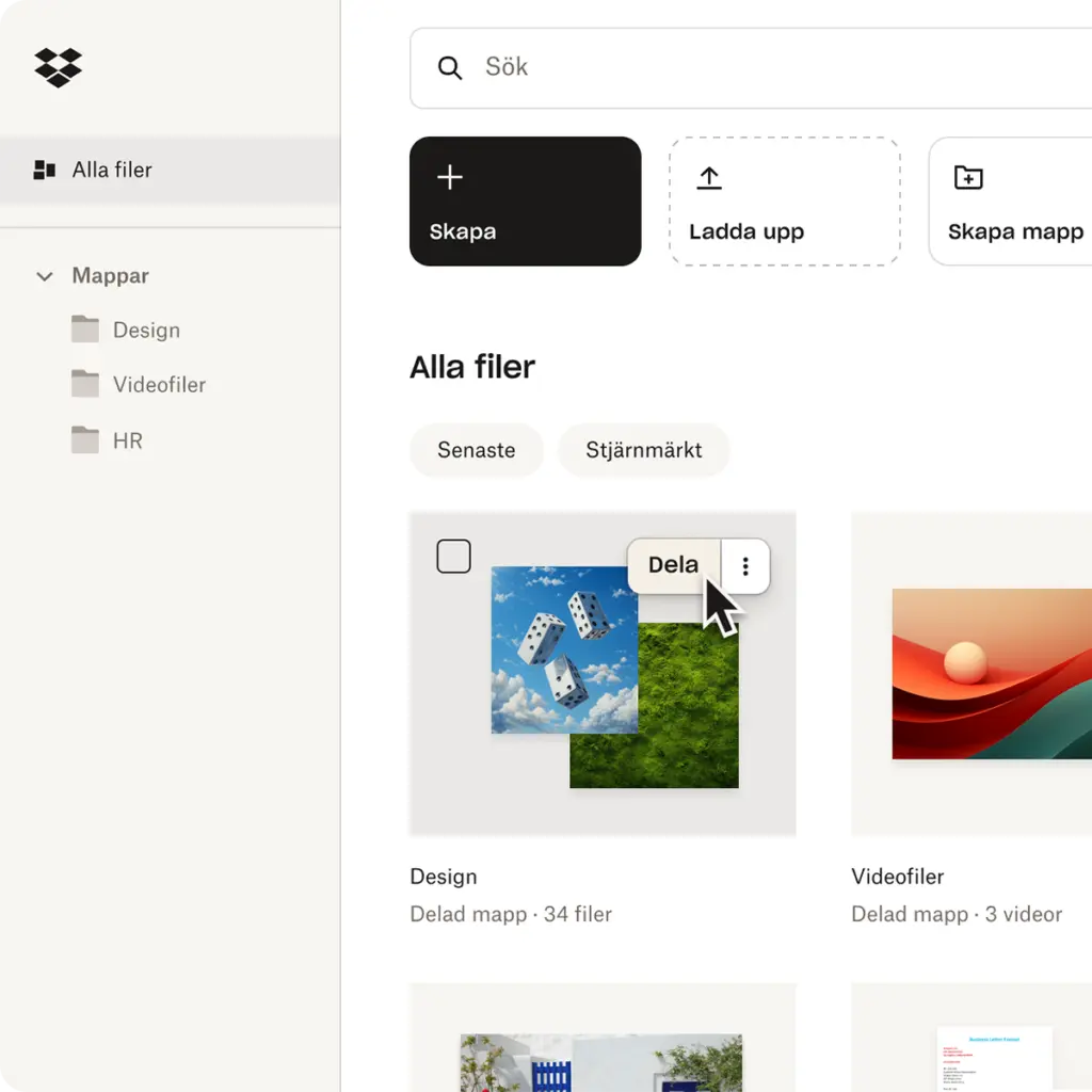 Dropbox-gränssnitt med mappar och filer för digital dokumenthantering