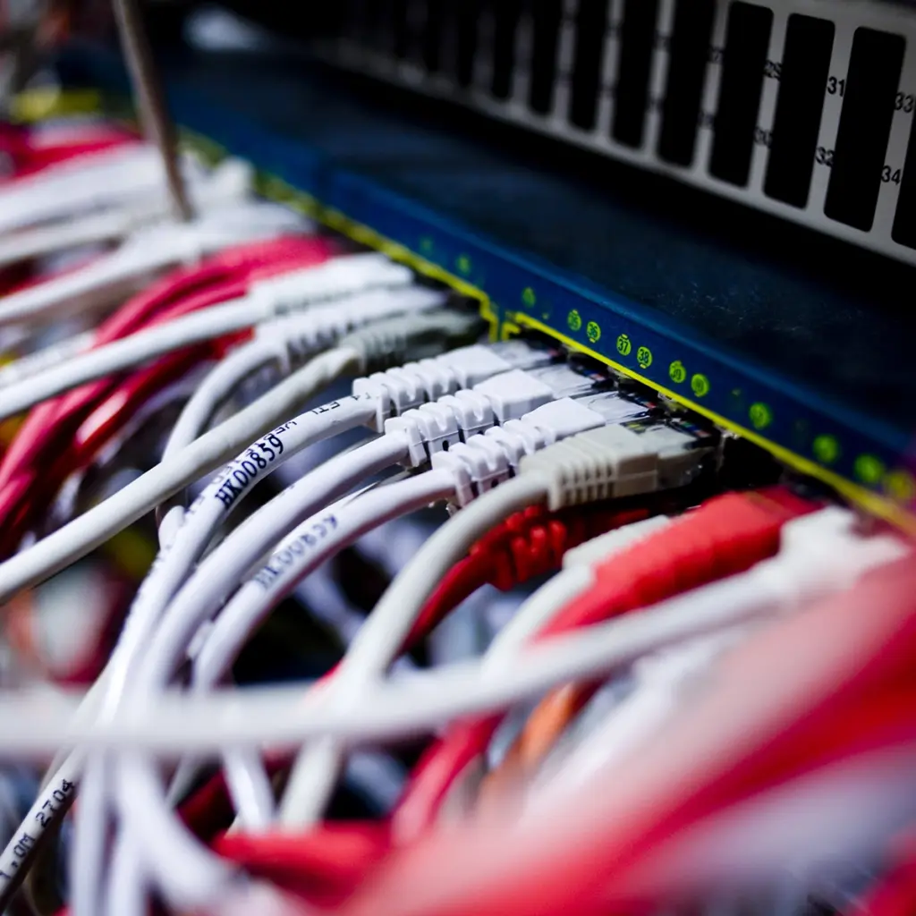Närbild på nätverksswitch med flera anslutna Ethernet-kablar