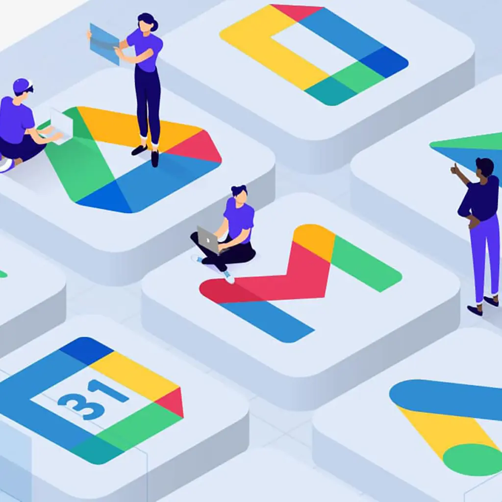 Illustration av Google-appar och personer som arbetar med digitala verktyg