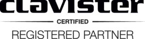 Clavister Certified Registered Partner-logotyp i svart på transparent bakgrund.
