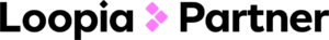 Loopia Partner-logotyp i svart och rosa på transparent bakgrund.