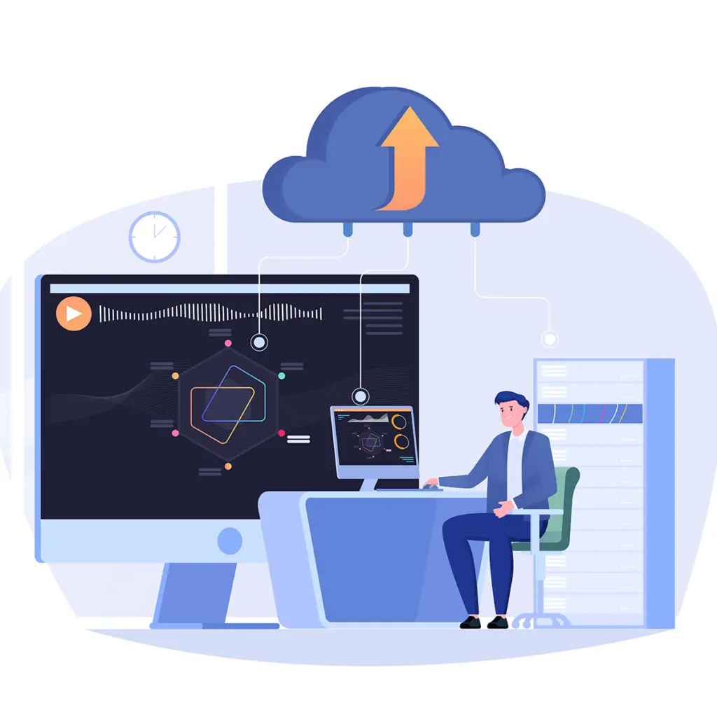 Illustration av molnuppladdning, server och digital arbetsstation